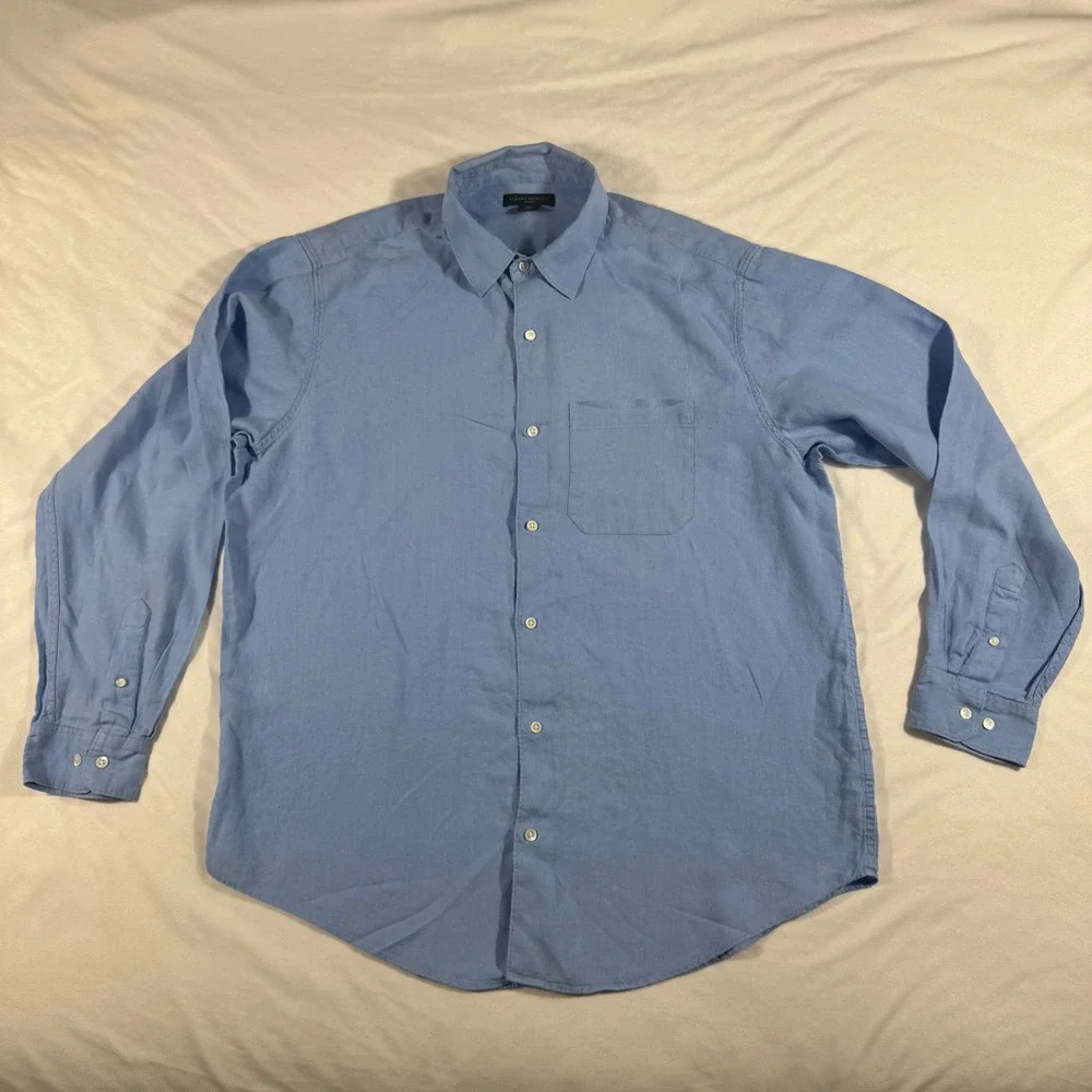 Banana Republic Shirt 100% Linen Men's XL Blue Long Sleeve Button Down‎